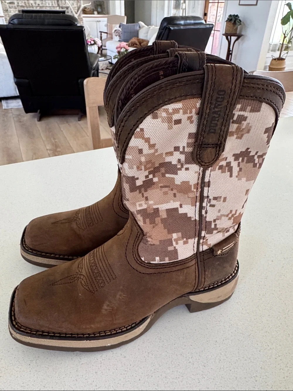 Durango Brown Leather Square-Toe Camo Shaft Western Boots